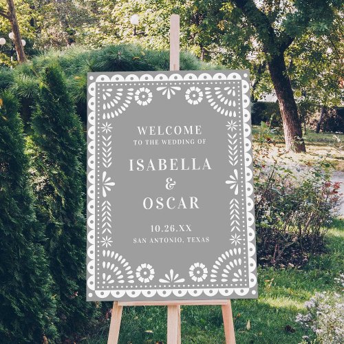 Gorgeous Grey Papel Picado Wedding Welcome Sign