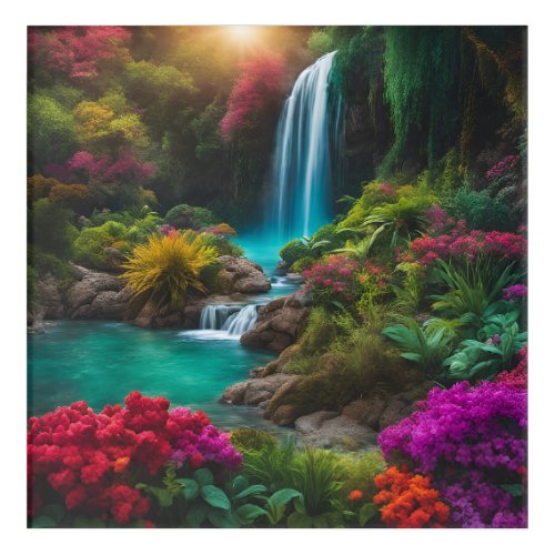 Gorgeous Hawaiian Waterfall With Colorful Flowers  Acrylic Print