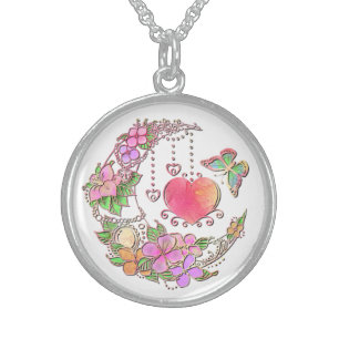 Gorgeous Heart with Flowers and Butterflies Sterling Silver Necklace