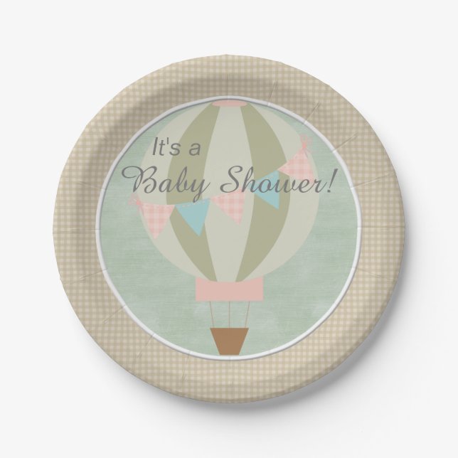 Gorgeous Hot Air Balloon Neutral Baby Shower Paper Plates (Front)