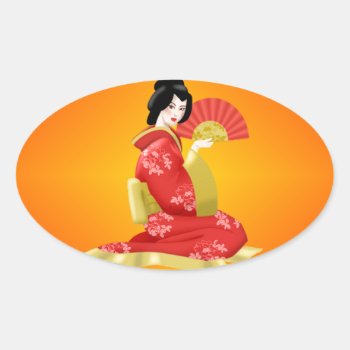 Gorgeous Japanese Woman In Red Dress Oval Sticker by esoticastore at Zazzle