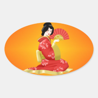 Gorgeous Japanese Woman in Red Dress Oval Sticker