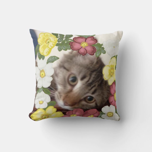 Gorgeous Kitten and Flower Garland Throw Pillow (Front)