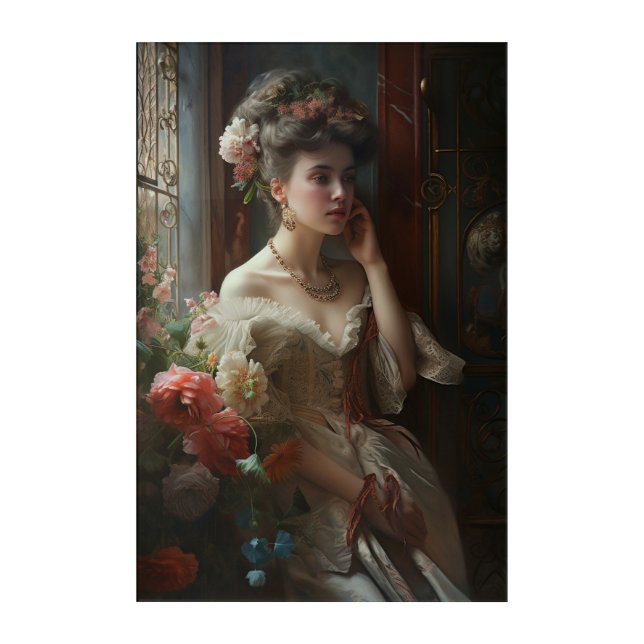 Gorgeous Lady In A Silk Flowers Dress. Acrylic Print (Front)