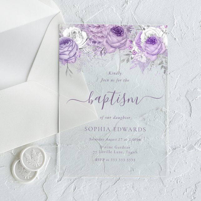 Gorgeous Lavender Purple Flowers Girls Baptism Acrylic Invitations (Creator Uploaded)
