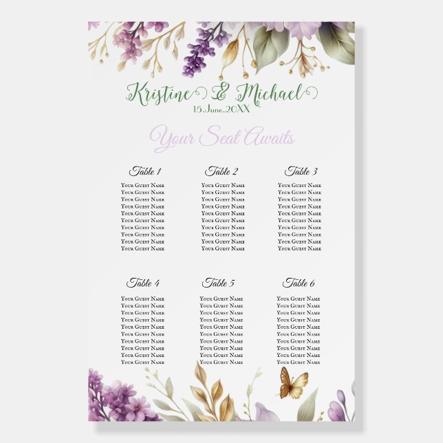 Gorgeous Lavender Vineyard Wedding Seating chart Foam Board (Front)