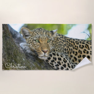 Gorgeous Leopard in a Tree Personalized Beach Towel