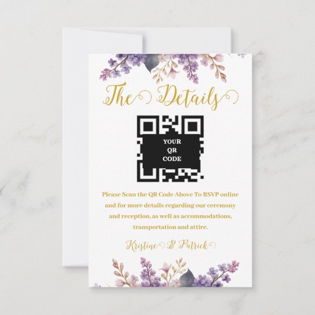 Gorgeous Lilac Vineyard Wedding Details QR Code RSVP Card (Back)