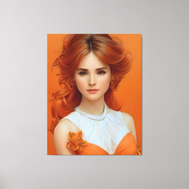 Gorgeous Long Haired Woman in Orange Fashion Model Canvas Print (Front)