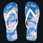 Gorgeous Lotus Waterlily Blue White Wedding Bride  Flip Flops<br><div class="desc">Featuring elegant lotus flowers dotted with stars on the blue background, these gorgeous flip flops are a pretty something blue idea for your wedding. They will definitely add a stylish dose of glam to your wedding day, bachelorette party, or other celebration. ♥Customize it with your wording by using the template fields. ♥ If...</div>