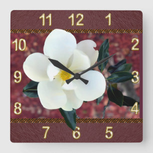 Gorgeous Magnolia Clock, Burgundy or YOUR COLORS Square Wall Clock