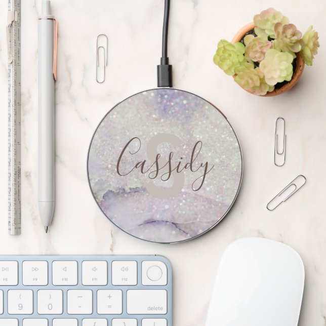 Gorgeous Marble and Glitter Sparkle Monogrammed Wireless Charger (Desk)