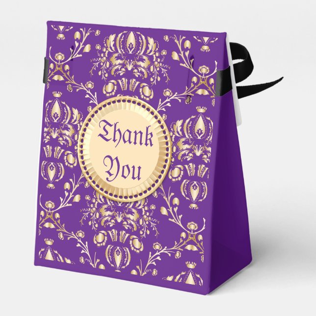 Gorgeous Medieval Damask Monogrammed Gold Purple Favor Boxes (Back Side)