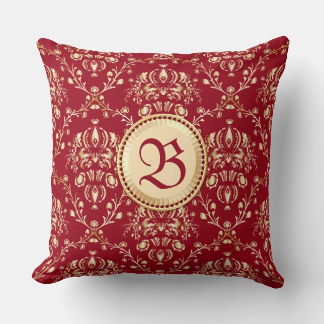 Gorgeous Medieval Gold Damask Carmine Red Monogram Throw Pillow (Front)