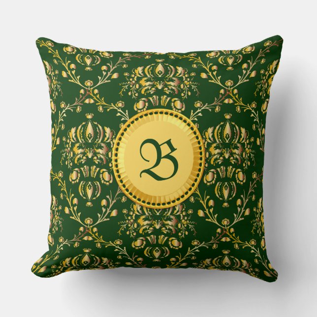 Gorgeous Medieval Monogram Gold Dark Green Damask Throw Pillow (Front)