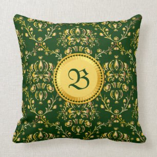 Gorgeous Medieval Monogram Gold Dark Green Damask Throw Pillow