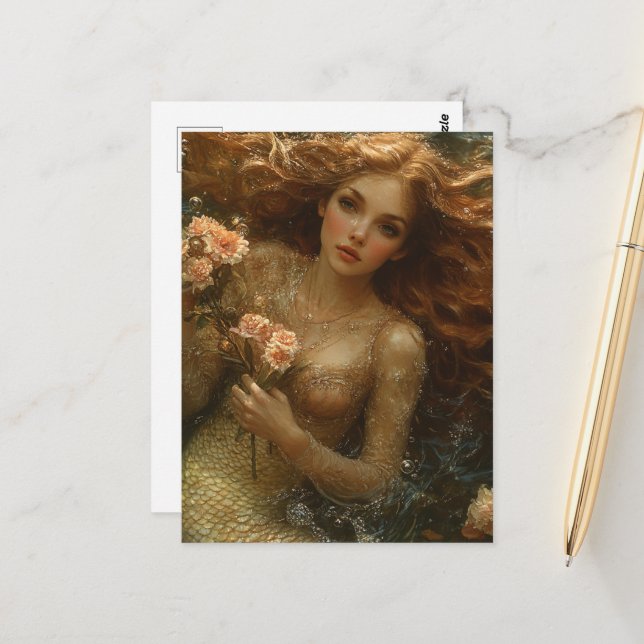 Gorgeous Mermaid Woman With Flowers Postcard (Front/Back In Situ)
