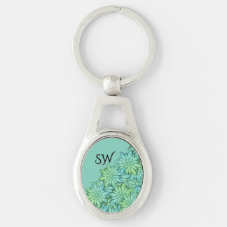 Gorgeous Modern Floral Minty Green Black Initials Keychain