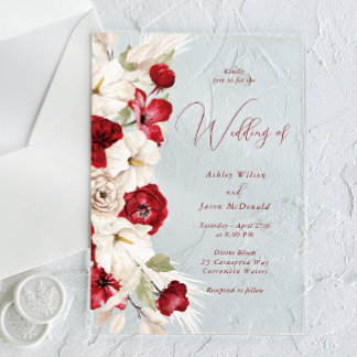 Gorgeous Modern Script Red & White Floral Wedding Acrylic Invitations