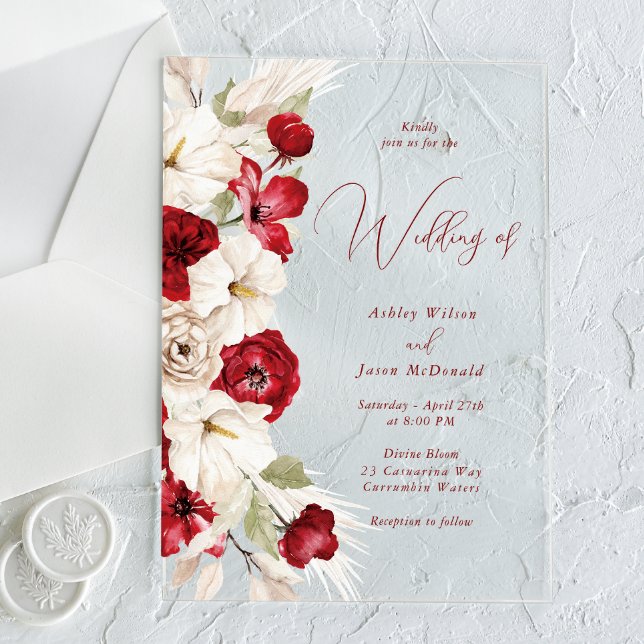 Gorgeous Modern Script Red & White Floral Wedding Acrylic Invitations (Creator Uploaded)