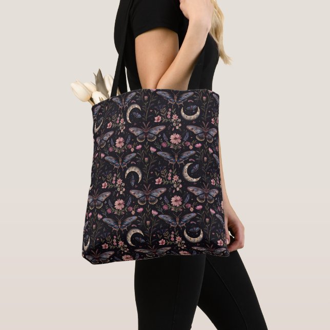 Gorgeous Moths Flowers and Moons Pattern Tote Bag (Close Up)