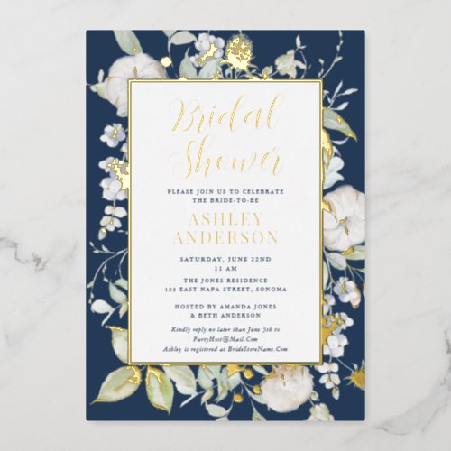 Gorgeous Navy Blue Botanical Bridal Shower Gold Foil Invitation