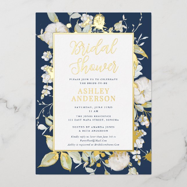 Gorgeous Navy Blue Botanical Bridal Shower Gold Foil Invitation (Front)