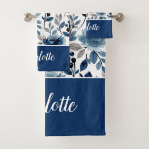 Gorgeous Navy Blue Floral Pattern Name Bath Towel Set