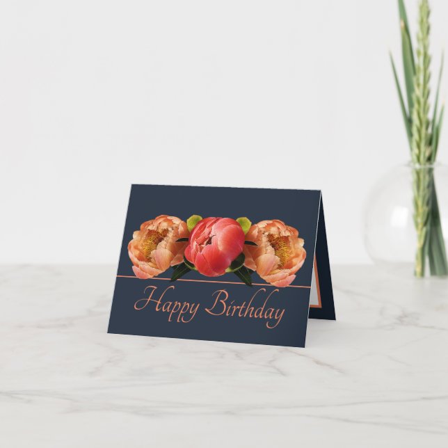 Gorgeous Orange Red Peony Floral Bouquet Birthday Card (Front)