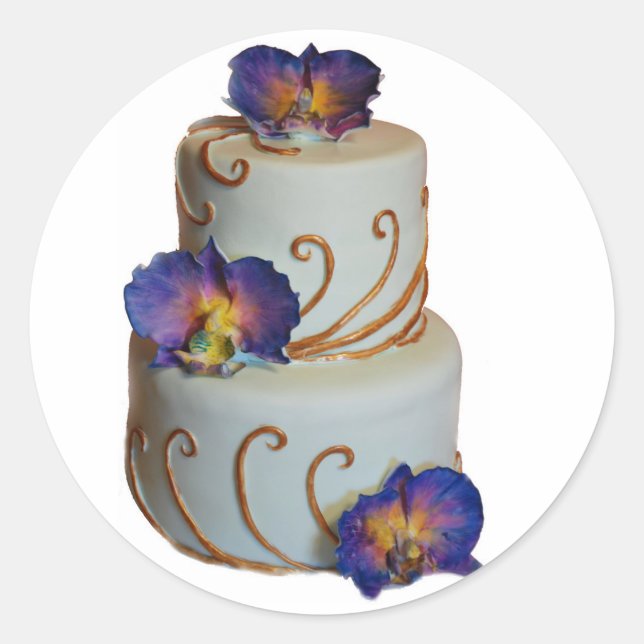 Gorgeous orchid gold and purple wedding cake classic round sticker (Front)