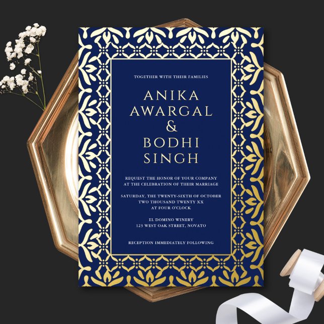 Gorgeous Ornate Indian Wedding Dark Blue + Gold Foil Invitation (Creator Uploaded)