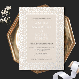 Gorgeous Ornate Indian Wedding Neutral + Silver Foil Invitation