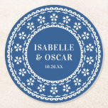 Gorgeous Ornate Papel Picado Blue Wedding Round Paper Coaster