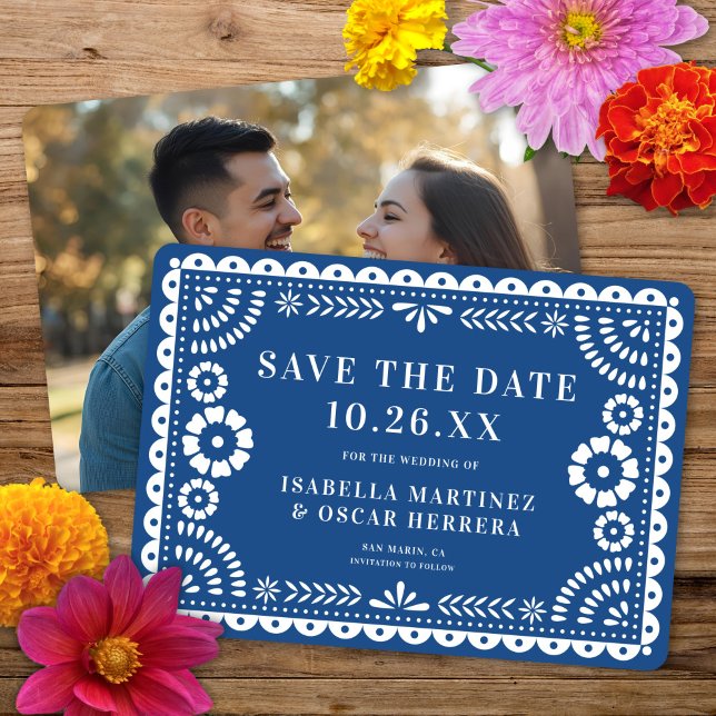 Gorgeous Ornate Papel Picado Photo Blue Wedding Save The Date (Creator Uploaded)