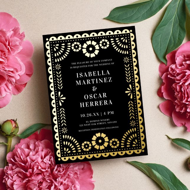 Gorgeous Papel Picado Boda Wedding Black + Gold  Foil Invitation (Creator Uploaded)