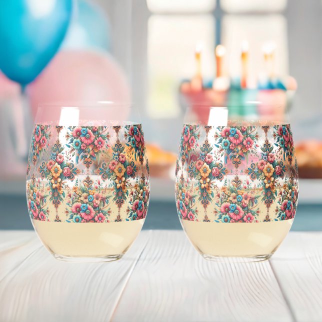 Gorgeous Pattern of Flowers Stemless Wine Glass (Insitu (Baby Shower))