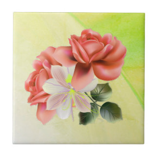 Gorgeous Peach Flowers Youthful Green Ceramic Tile