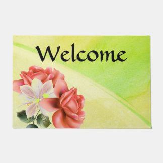 Gorgeous Peach Flowers Youthful Green Doormat