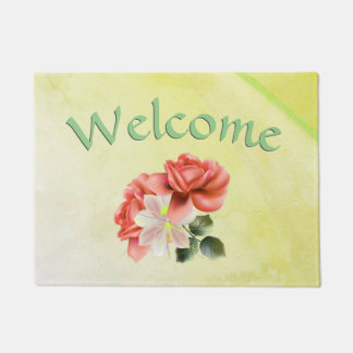 Gorgeous Peach Flowers Youthful Green Doormat
