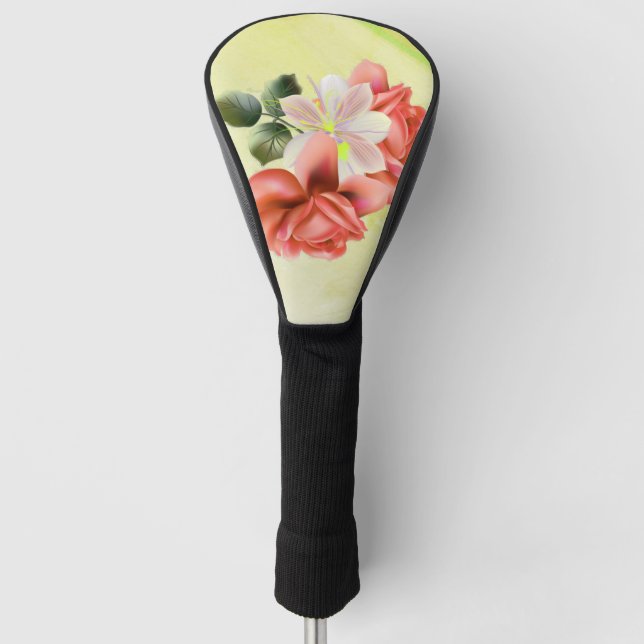 Gorgeous Peach Flowers Youthful Green Golf Head Cover (Front)