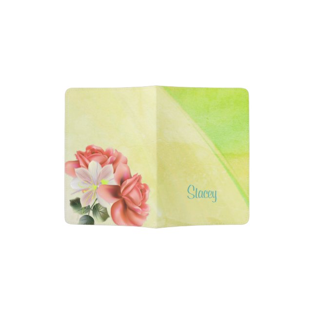 Gorgeous Peach Peonies Green Passport Holder (Opened)