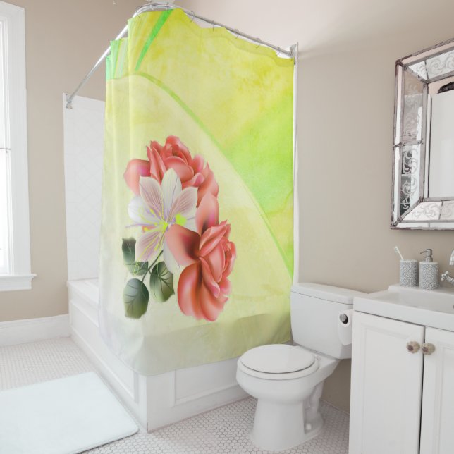 Gorgeous Peach Peonies on Youthful Green Shower Curtain (In Situ)