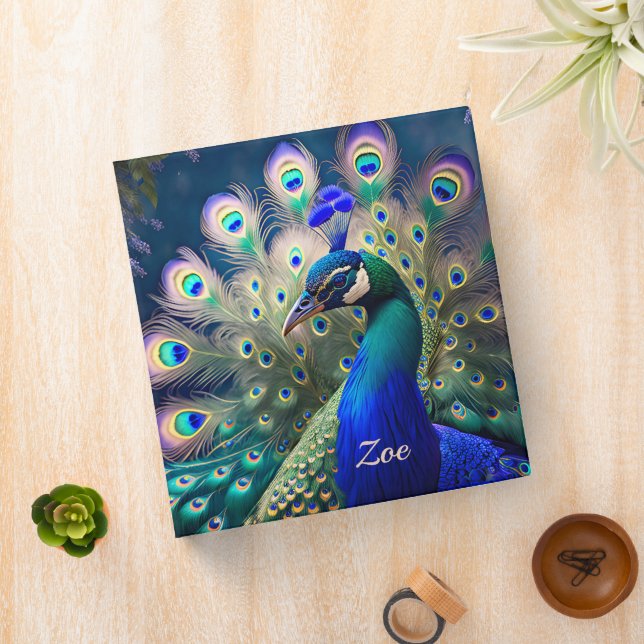 Gorgeous peacock with teal and gold plumage 3 ring binder (In Situ)
