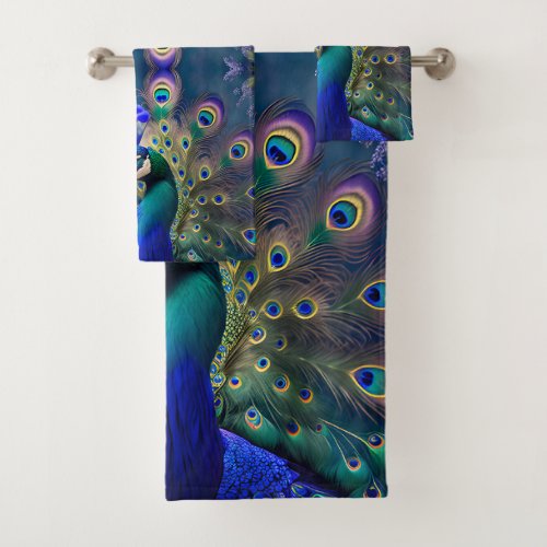 Gorgeous peacock with teal and gold plumage bath towel set
