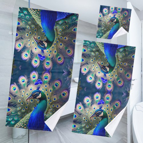 Gorgeous peacock with teal and gold plumage bath towel set