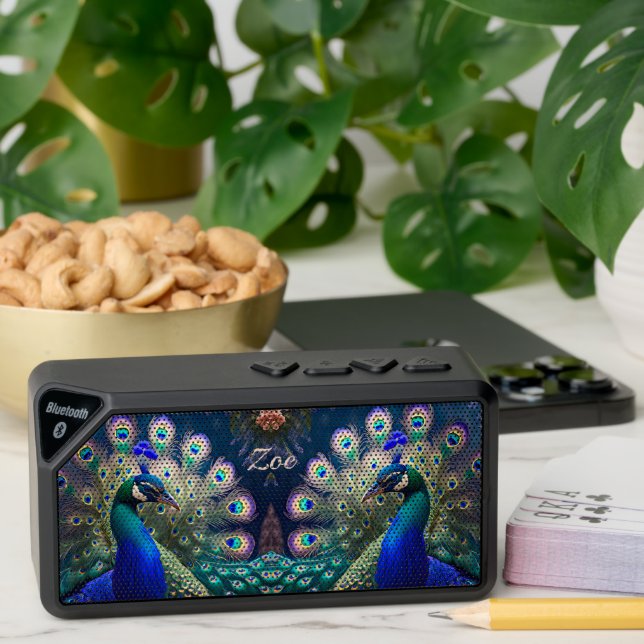 Gorgeous peacock with teal and gold plumage bluetooth speaker (Insitu(Table))