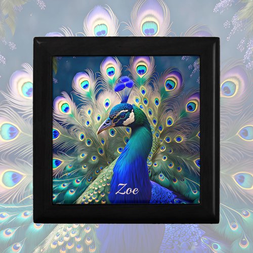 Gorgeous peacock with teal and gold plumage gift box