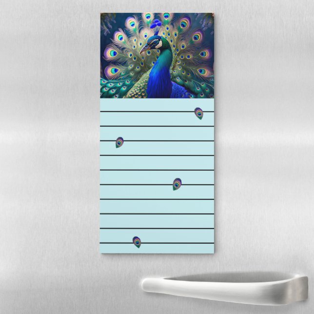 Gorgeous peacock with teal and gold plumage magnetic notepad (In Situ)