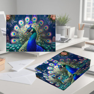 Gorgeous peacock with teal and gold plumage paperweight