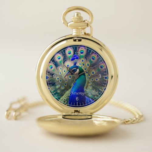 Gorgeous peacock with teal and gold plumage pocket watch